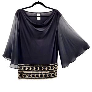 MSK Black Gold Beaded Sheer Wide Sleeve Flowy Blouse Top Women's Size L